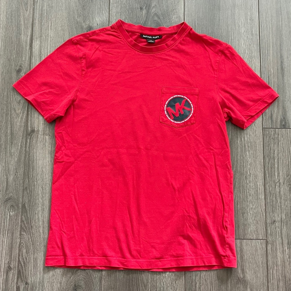 Michael Kors Mens Red Pocket T-Shirt MK Logo Graphic Crewneck Tee Small